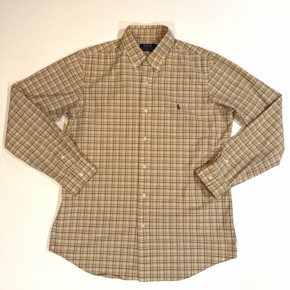 Polo Ralph Lauren Blake Mens Large L 16.5 Button Up Shirt Plaid Brown Tan - Picture 2 of 7